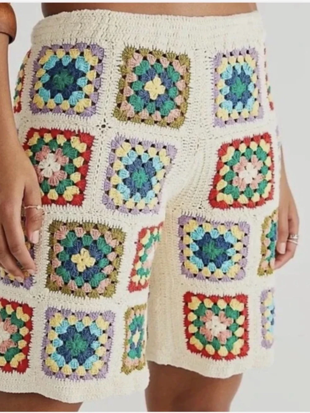 Free People x Flook Crocheted Granny Square Long Shorts Artisan Made Bali